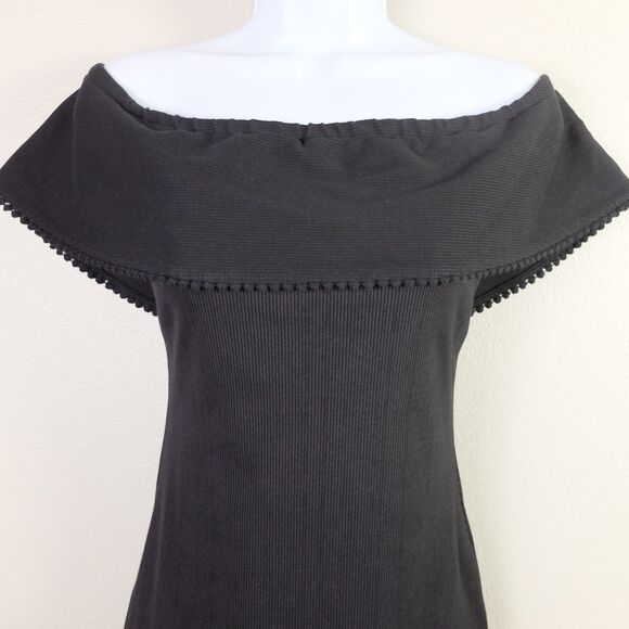 WAYF Black Ribbed Off-the-Shoulder Mini Dress Pom-Pom Ric-Rac Trim Size Small - Picture 3 of 6